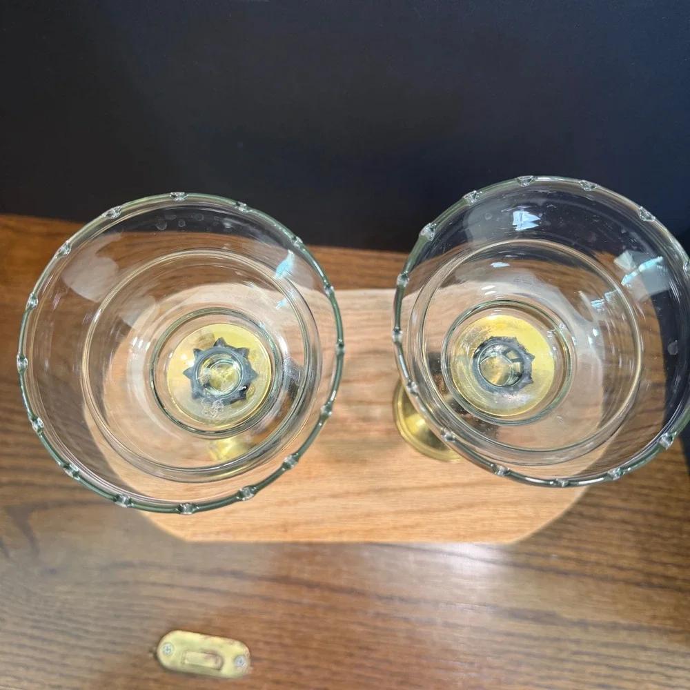 Vintage Brass Candlestick Holders Set 2 Etched Glass Hurricane Shades Gold 8